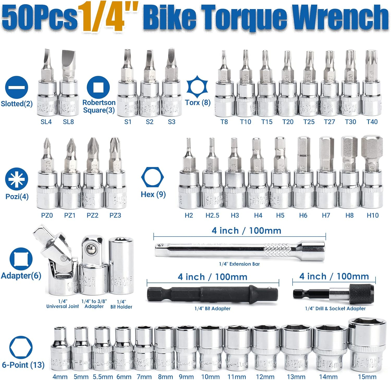 YIYEIE 50Pcs Master Bike Torque Wrench Set, 1/4 Inch Drive, 10-220 IN.LB (1-24.9 Nm), Inch Pound Click Torque Wrench with Bit Sockets, 0.1 Nm Micro, 3/8 Adapter, Pro Bicycle Tool Kit for MTB image number 5