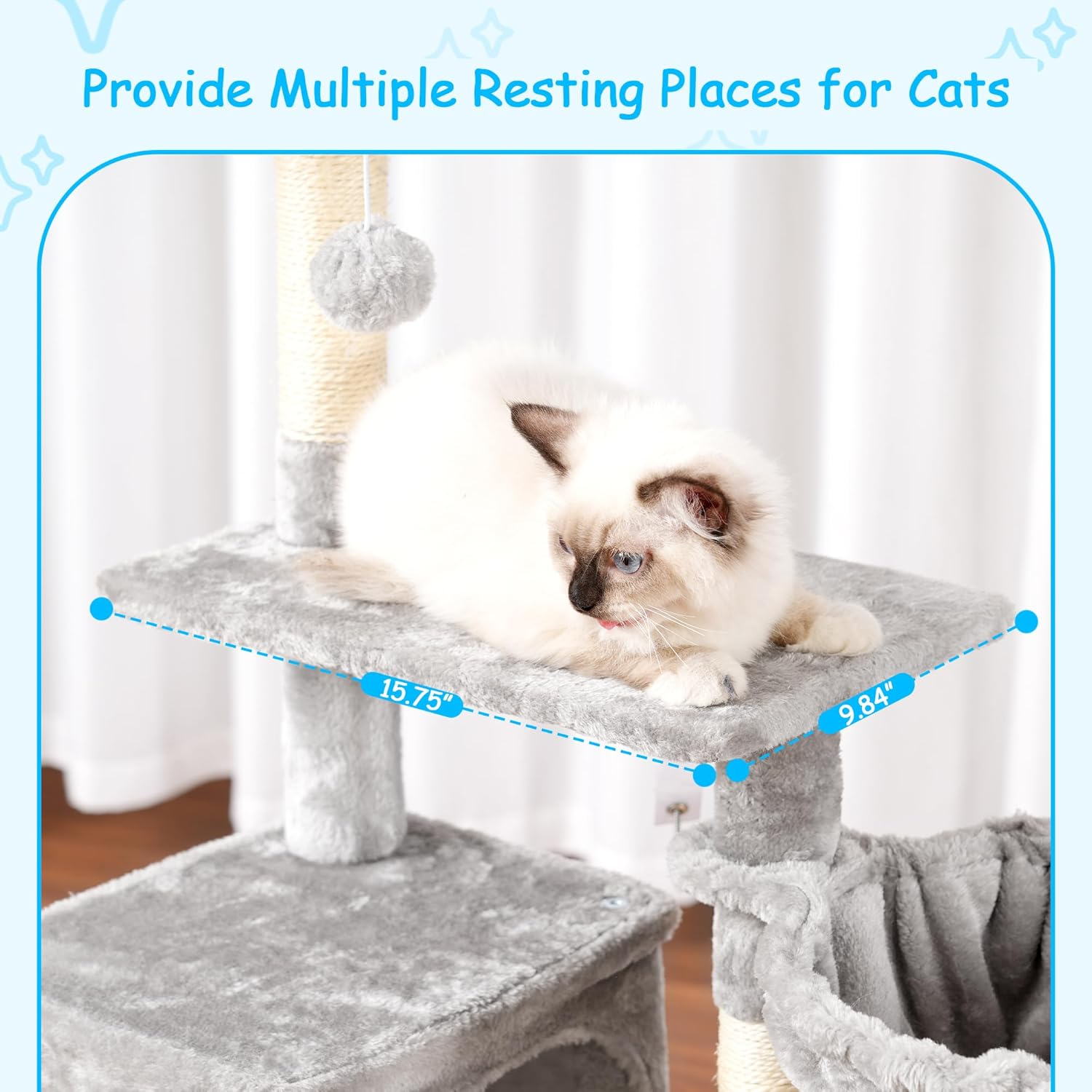 Hey-Brother Cat Tree, 42.5-Inches Cat Tower for Indoor Cats, Plush Multi-Level Kitten Cat Condo with Scratching Post,Ramp, Basket, Spacious Cat Cave, Hanging Ball, Light Gray MPJ007SW image number 1