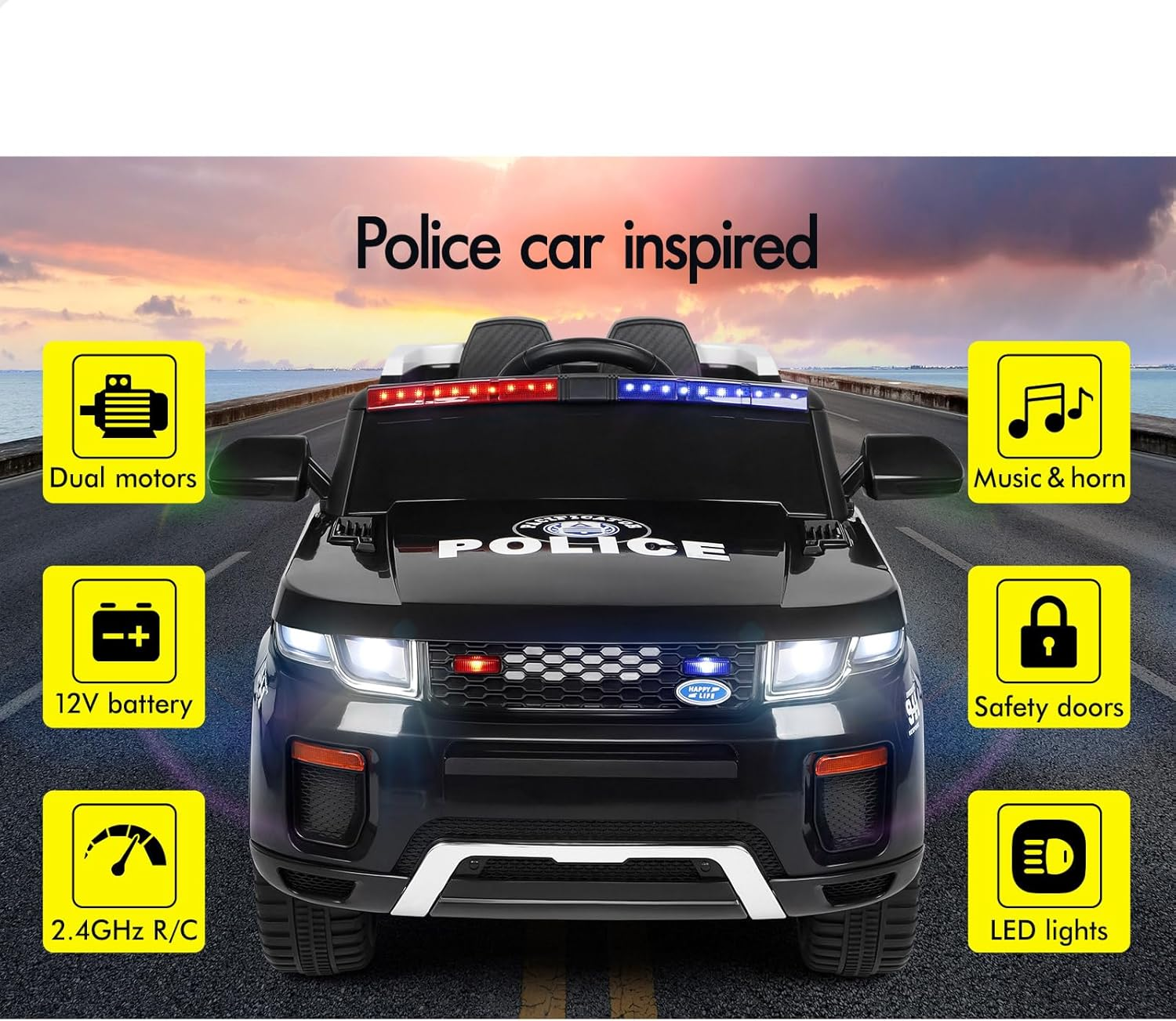 ALFORDSON Kids Ride on Car Remote Control, 12V Eletric Dual Motor Riding Car with Music Player LED Lights, Ride-On Toy Patrol Design Inspired from Police Vehicle for Toddler, Black image number 5