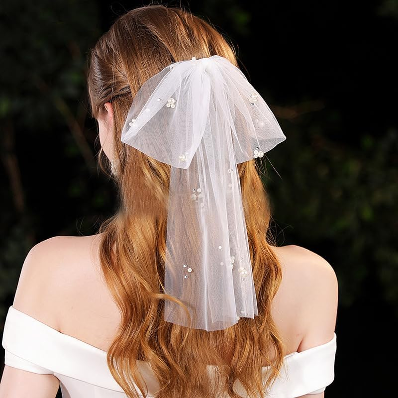 White Bow Wedding Veil for Bride - Short Tulle Veil with Pearl Hair Clip - Bridal Hair Accessories for Shower Party and Bachelorette image number 4