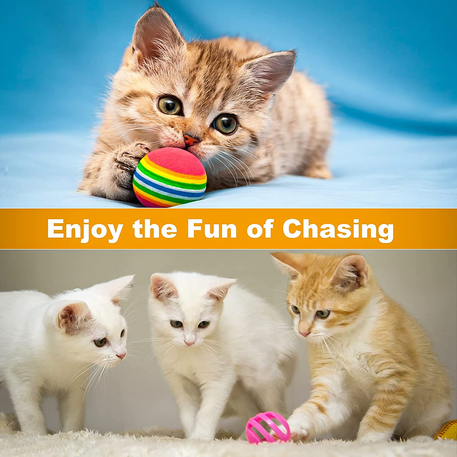 VAPKER 30Pcs Cat Ball Toys Kitten Chew Toys Balls with Bell, Rainbow, Sparkle, Crinkle, Sisal, Pom Pom for Indoor Cats image number 1