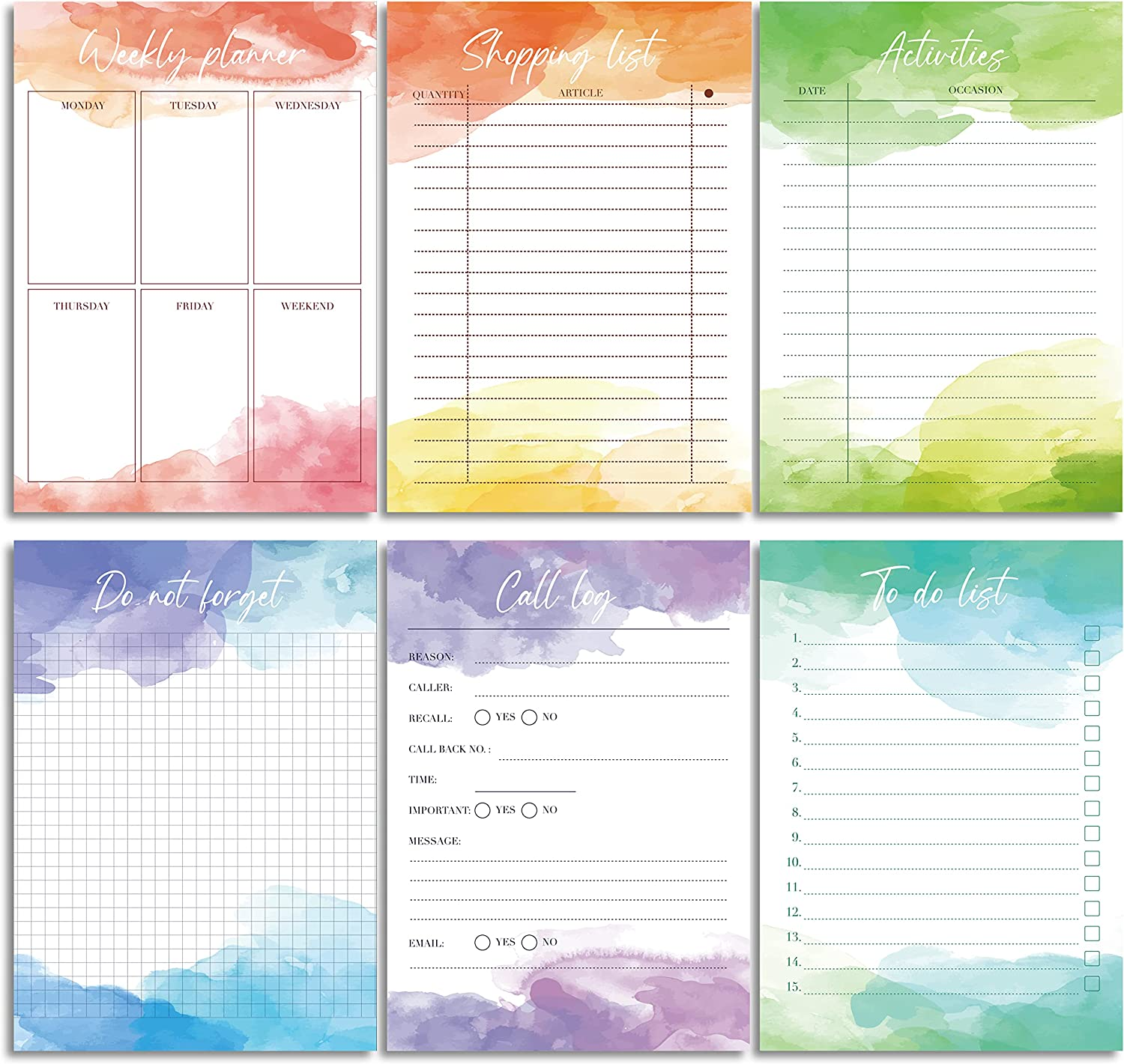 BIROYAL 6 Notepads for Appointments, Weekly Planners, Phone Calls, to Do Lists, Shopping Lists and Notes-Daily Planner and Weekly Planner Watercolor-Ideal for School, College and Home-Notepad Set -DIN A6