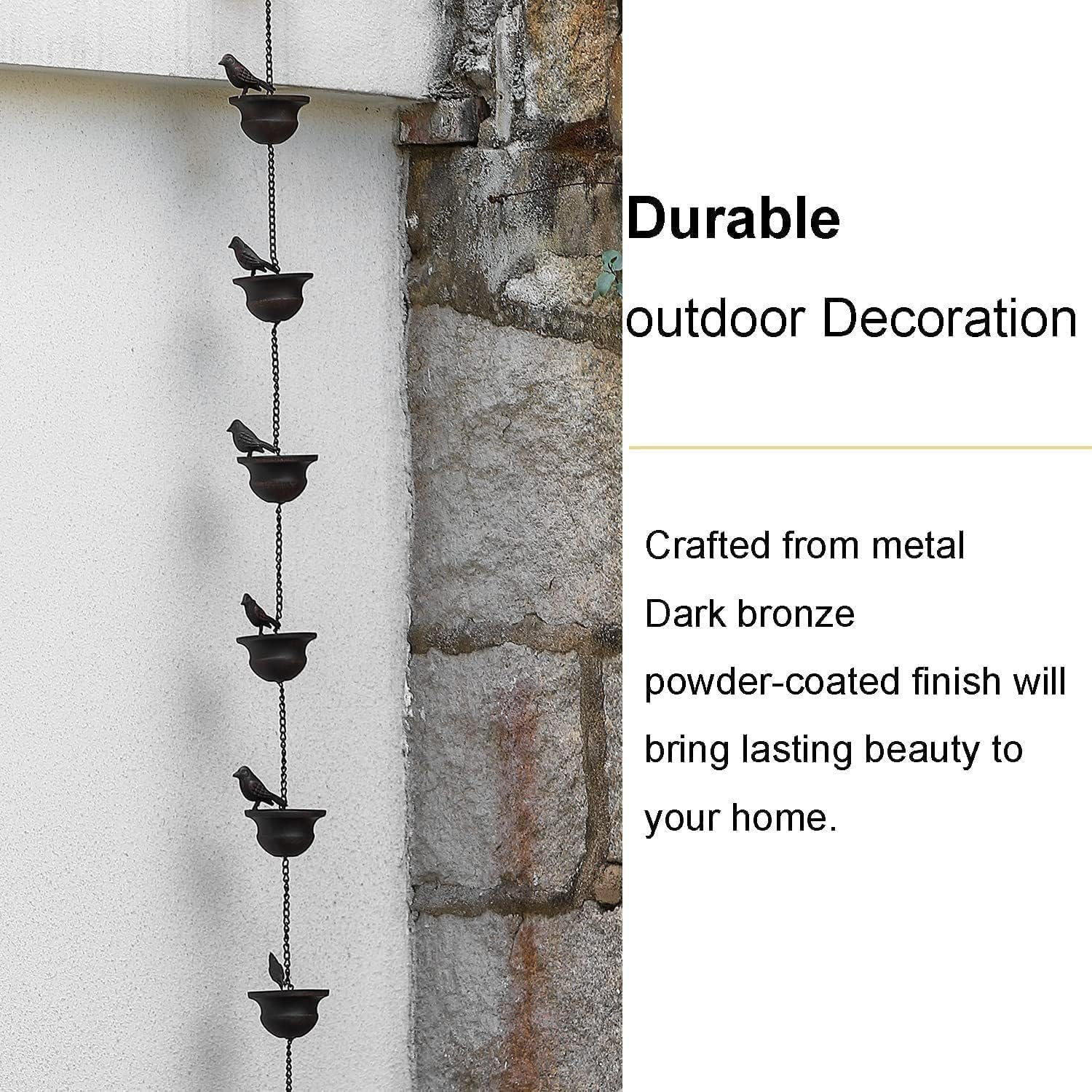 Steel Leaf Rain Chain, Garden Mom, Gutters, Rain Catcher for Downspout with Adapter, Thick Flower Cups a (Bronze Bird A) image number 2