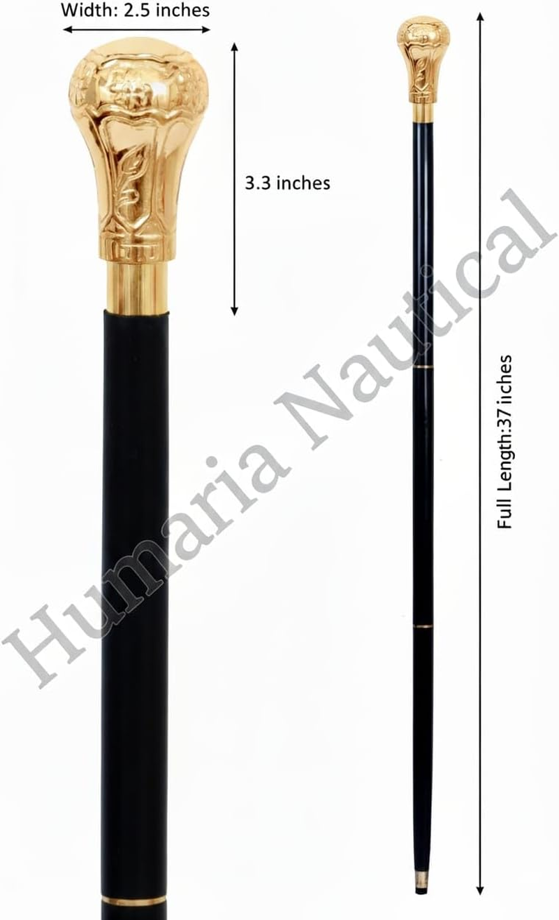 Humaira Nautical Handmade Brass Knob Walking Stick, Wooden Cane with Black Finish Gold Handle 37 Inch Cane for Men and Women