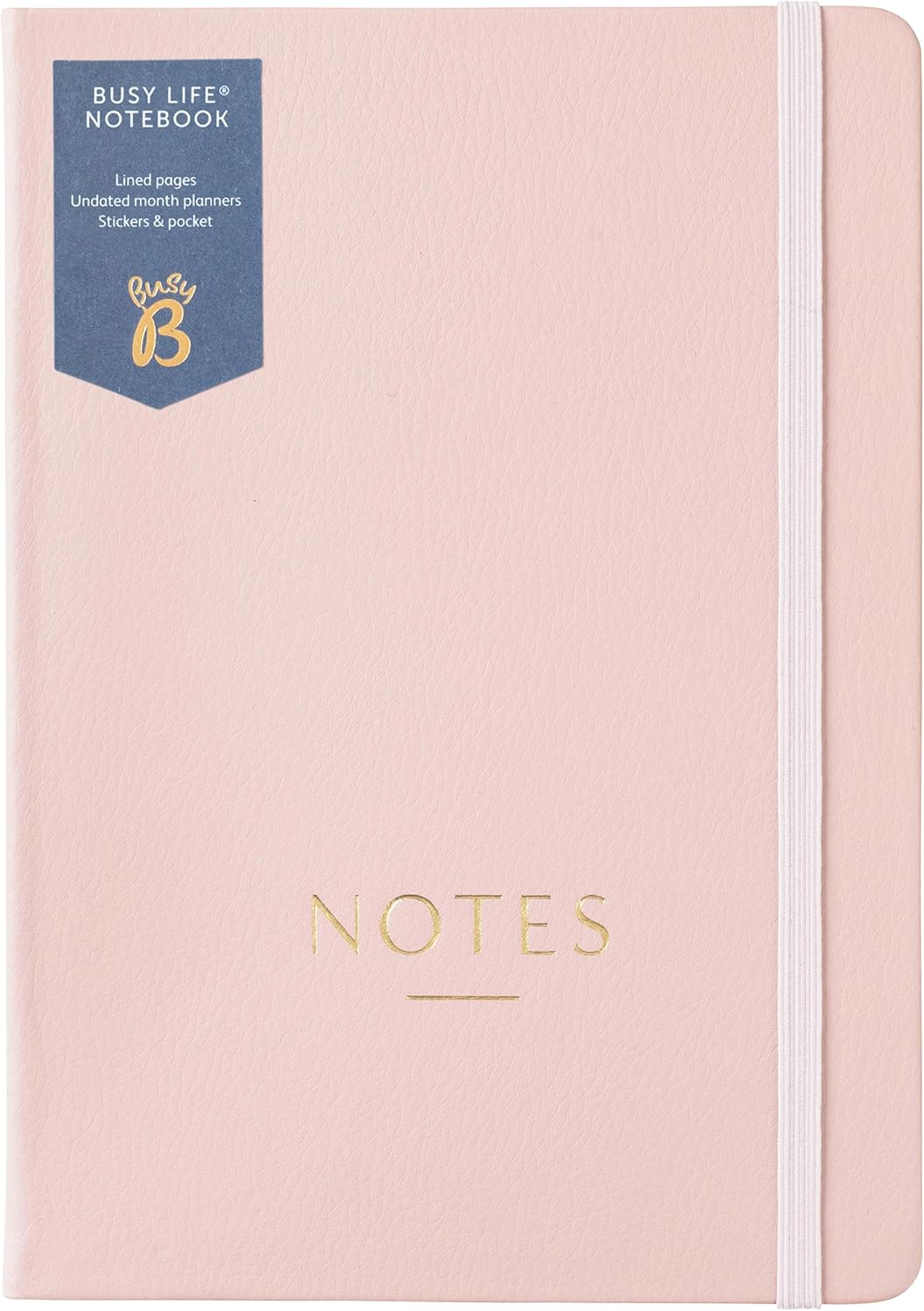Busy B A5 Busy Life Notebook Pink Faux Leather Cover - Perfect for Students, Teachers, Work & More with Lined Pages, Undated Month Planners, Stickers, Storage Pocket & Elastic Closure