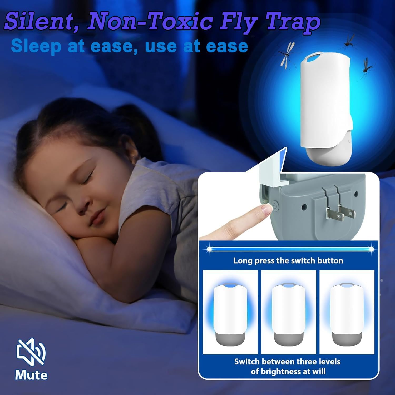 Wakouter 2 Pack Flying Insect Trap, Plug in Fly Trap, Bug Zapper with Night Light UV Attractant Catcher for Flies, Fruit Flies, Gnat & Other Flying Insects,2 Device + 10 Sticky Trap Boards (Grey-2Pcs) - Grey-1Pcs image number 3