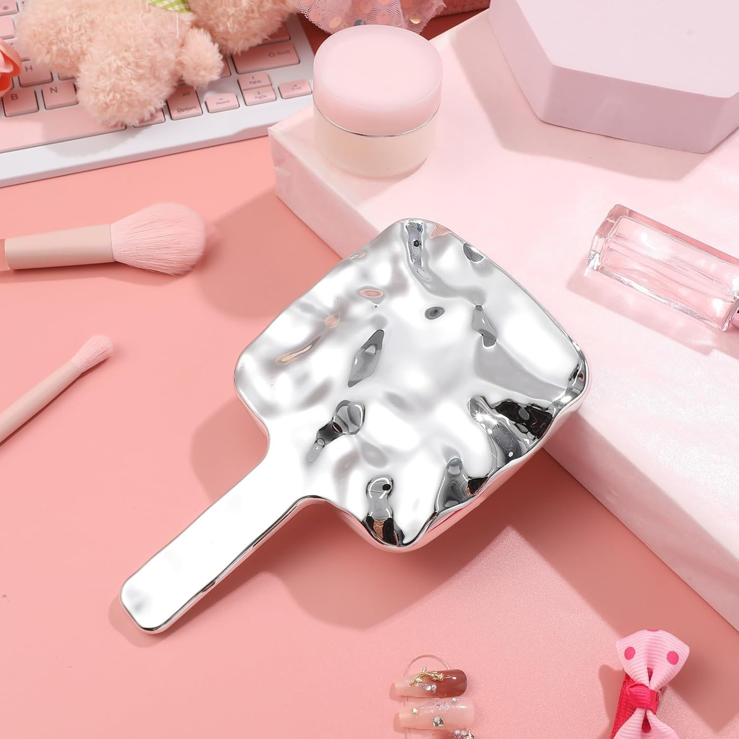 2Pcs Water Ripples Hand Mirror for Makeup,Water Ripples Hand Mirror with Handle,Square Water Ripples Hand Mirror with Handle,Silver Water Ripples Makeup Mirror Square Water Ripples Mirror with Handle image number 3