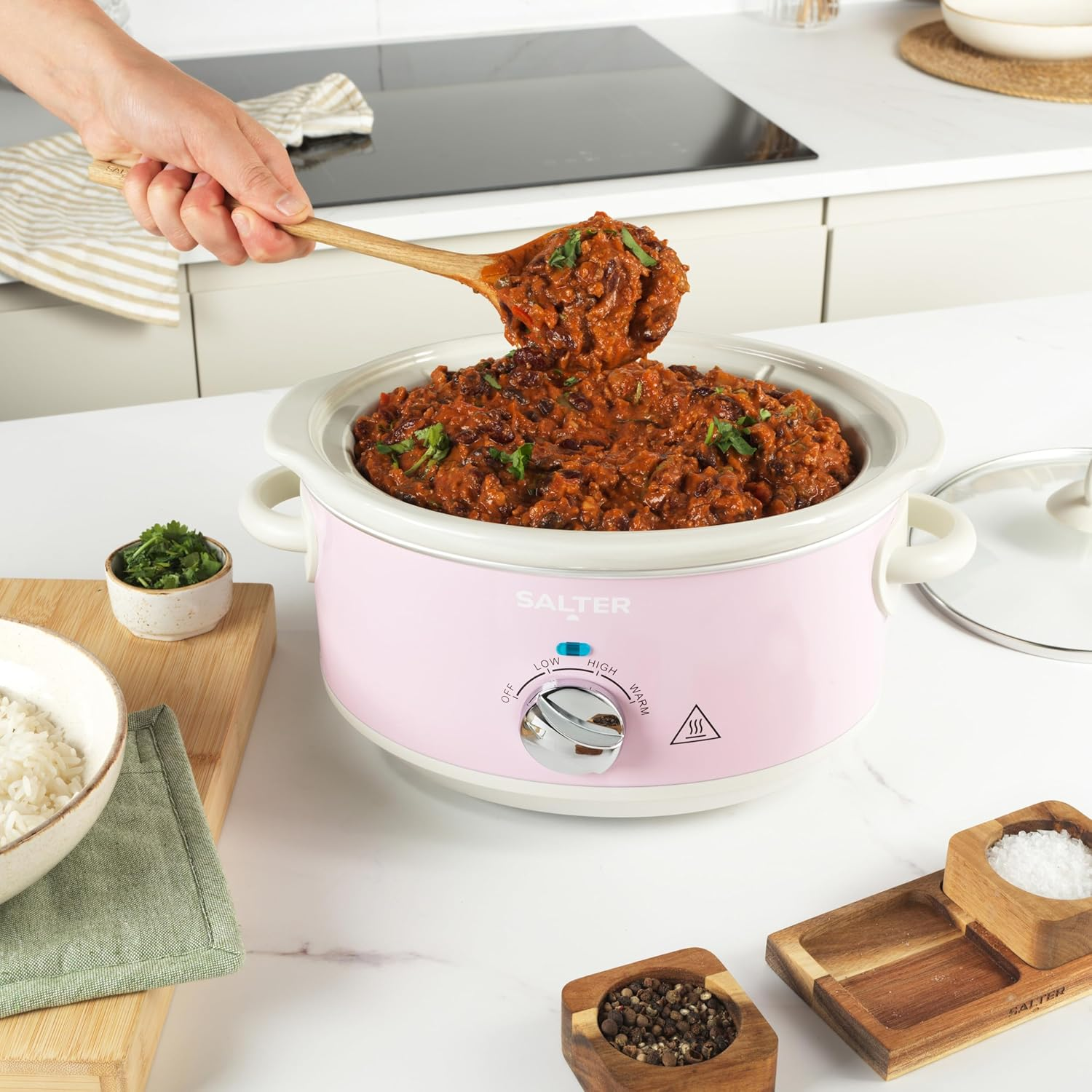 Salter Retro Pink 3.5L Slow Cooker - 3 Heat & Keep Warm Settings, Dishwasher Safe Ceramic Cooker, Tempered Glass Lid, Cold Touch Handles, Kitchen image number 6