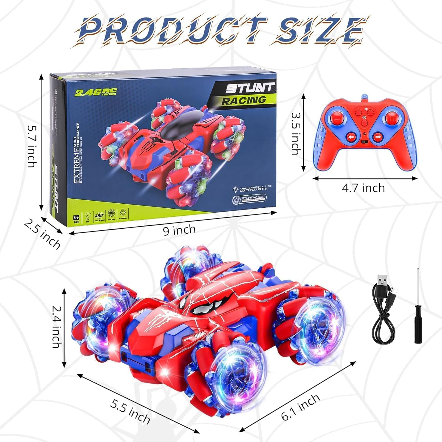 Spider Remote Control Car,2.4Ghz 360&deg;Rotating Double Sided RC Stunt Cars with Cool Headlights,Rechargeable 4WD All-Terrain Toy Car for Boys Age 4-7 8-12 Birthday Xmas Gift image number 4