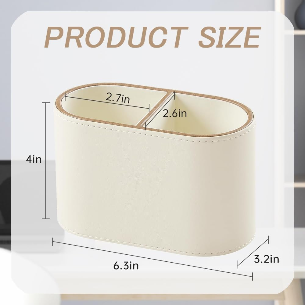 PU Leather Pen Holder for Desk,2-Compartment Pencil Cups, Multifunctional Desk Organizer for Remotes, Pens, Make-Up, Office Accessories (White) image number 1