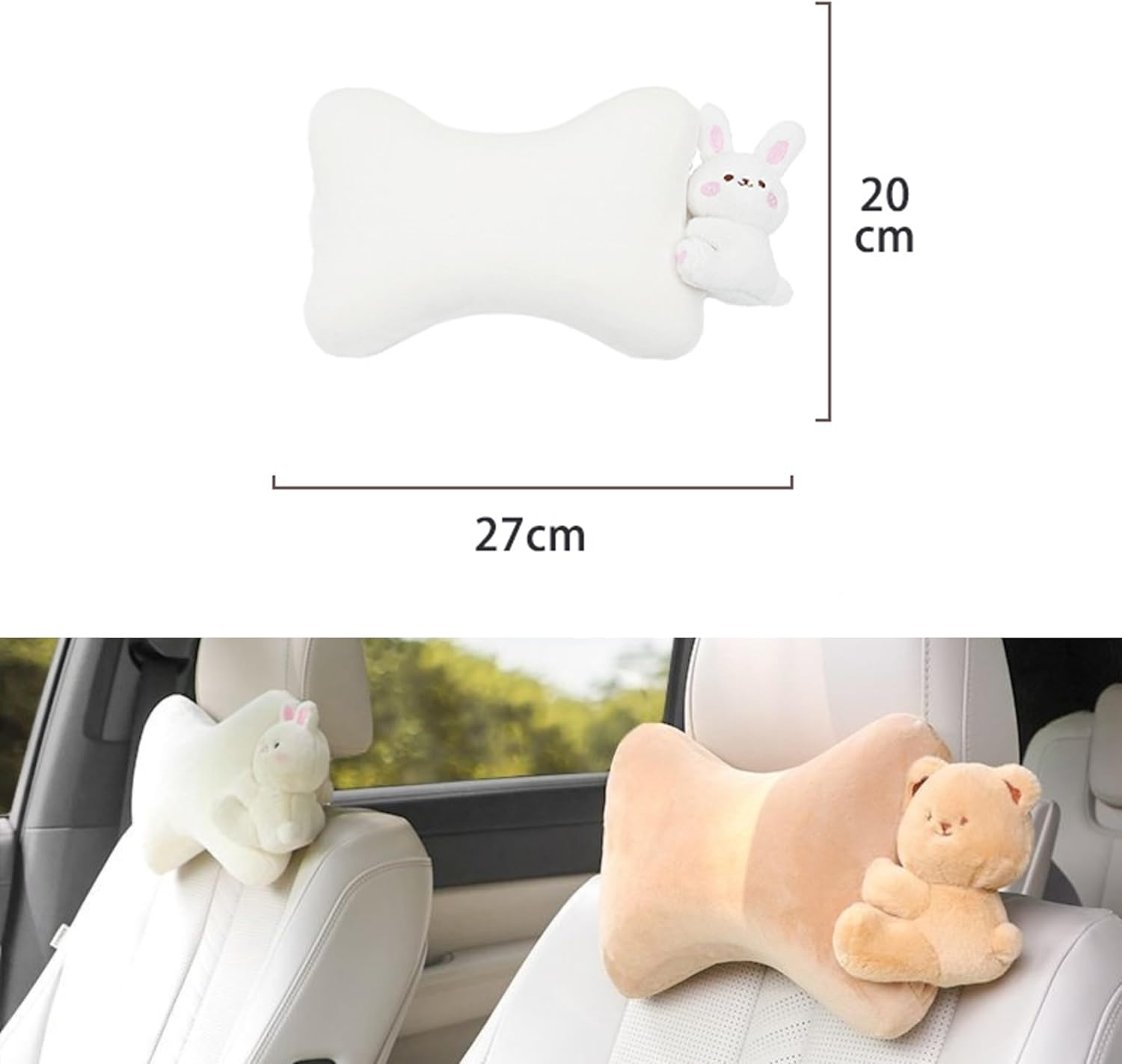 Car Headrest Pillow 2PCS Plush Bear ＆ Bunny Car Seat Headrest Pillow - Memory Foam Neck Support Cushions for Comfortable Driving, Easy Install & Washable (Bear+Rabbit) image number 5