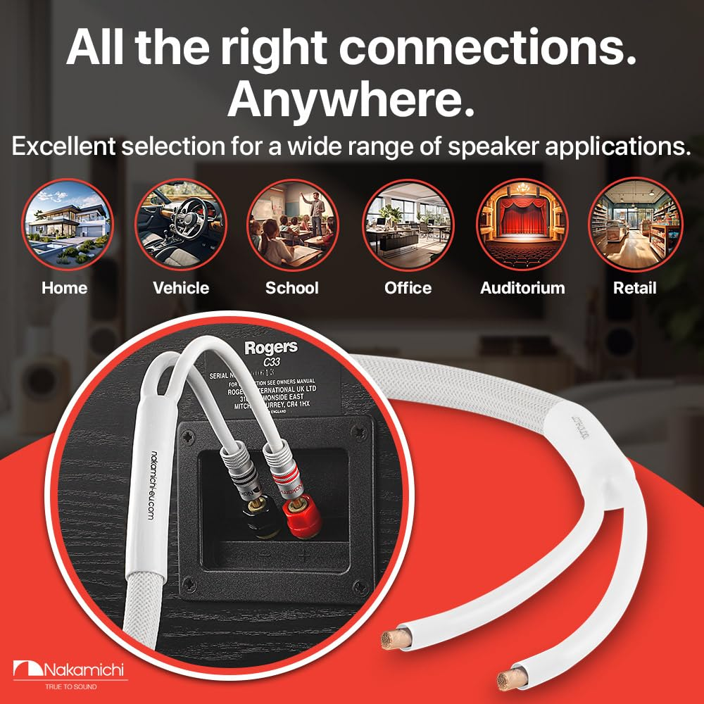 Nakamichi Excel Series 24K Gold Plated Banana Plugs with Speaker Cable Wire 99.9% Oxygen-Free Copper (OFC) Heavy Duty Braided for Amplifier Hi-Fi Home Theatre - White (12 AWG / 10 Feet / 3.0M) image number 5