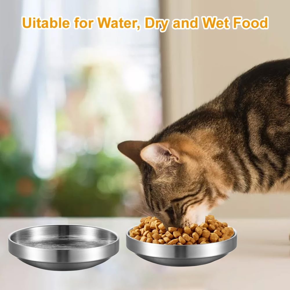 Pack of 2 Flat Stainless Steel Cat Bowls, Stainless Steel Cat Bowls, Stainless Steel Cat Bowls, Metal 304, Flat Cat Bowls, Drop-Proof, Easy to Clean, for Kittens, Small Dogs image number 3