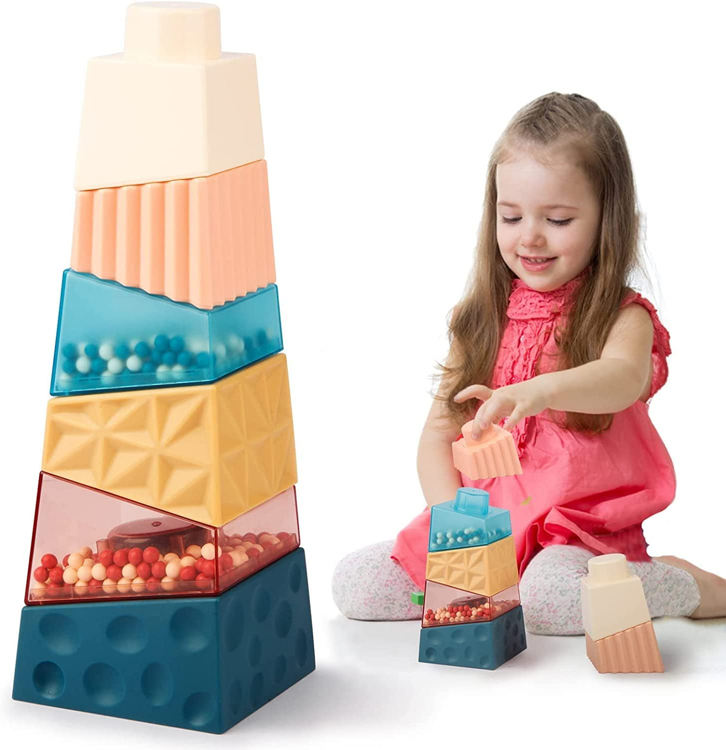 Cube Baby Stacking Toys Stacking Blocks Montessori Toys with Rattle Multi Color Stacking Rings Sensory Toys for Toddlers, 6PCS Stacking Tower Learning Education Boys and Girls image number 2