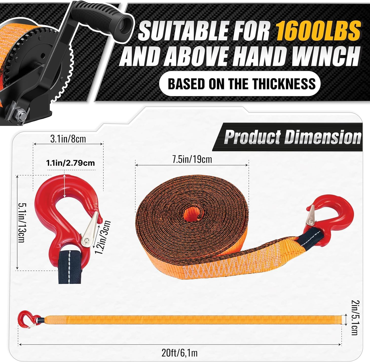 [Premium] Boat Trailer Winch Strap with Supper Steel Hook, 15000 LBS Break Strength, Two Layers Winch Strap, Winch Pulley Strap for Boat Trailer Replacement, Towing Vehicles & Boat Accessories 2"X20'