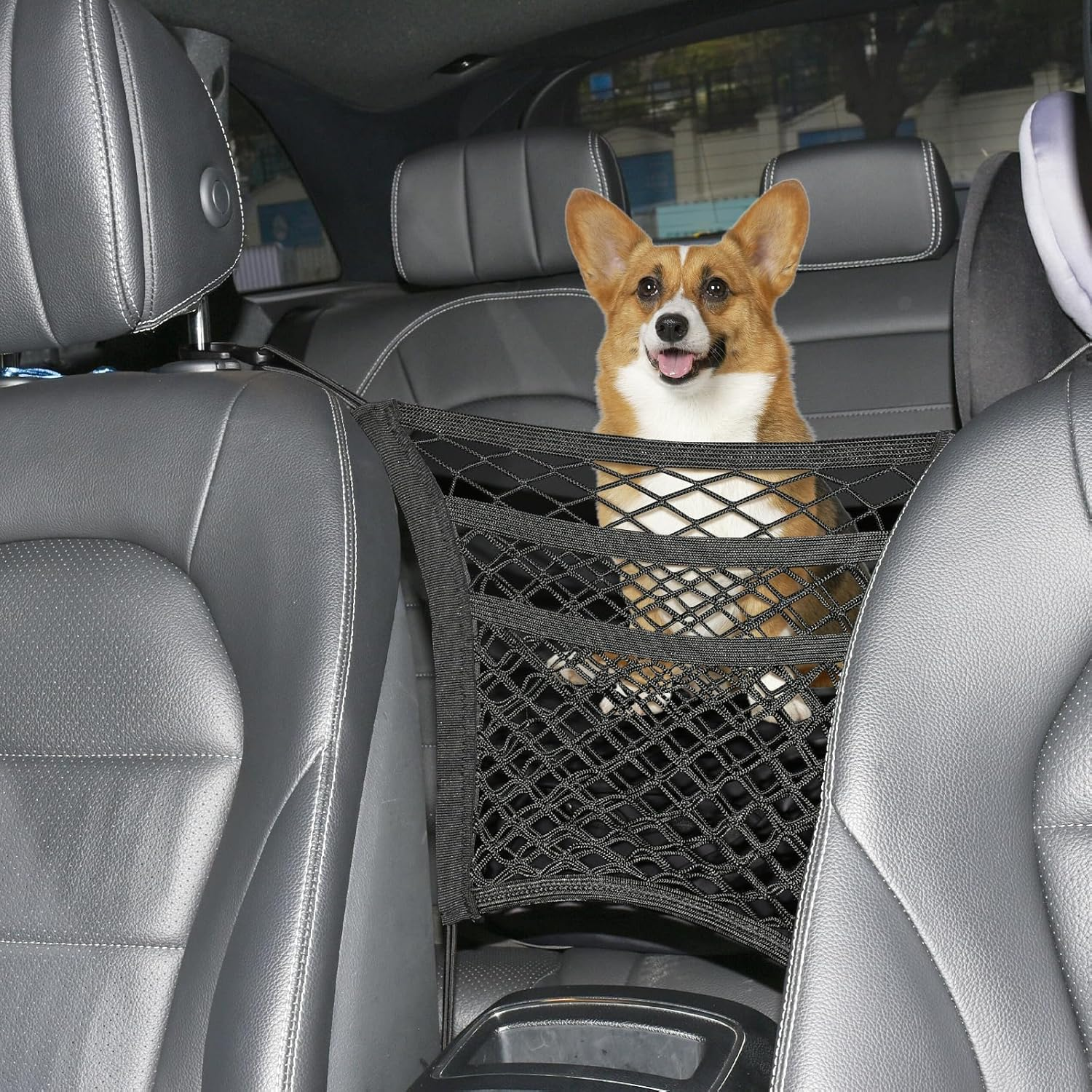 3-Layer Car Mesh Organizer Storage between Front Seats Kid Dog Pet Net Barrier Car Net Pocket Elastic Tissue Purse Holder Netting for SUV, Van image number 3