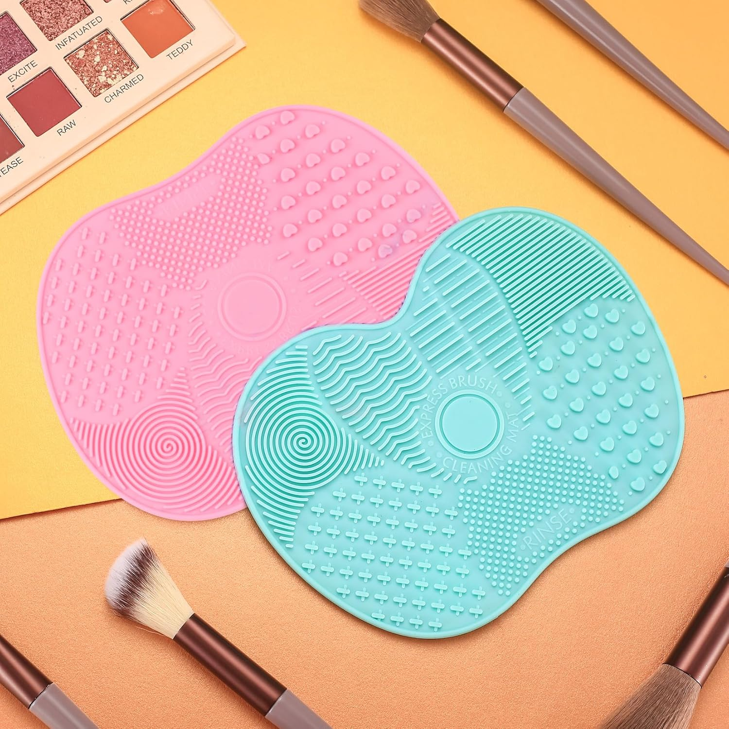 QBXMY7 2 Pcs Silicone Make up Brush Cleaning Mat, Cosmetic Cleaning Pads,Makeup Brush Cleaner Mats, Portable Washing Tool with Suction Cup for Makeup Cosmetic Brushes-Green/Pink image number 2