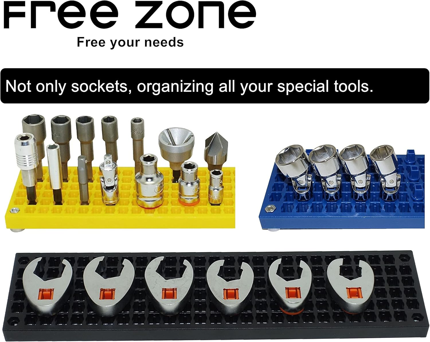 FREE ZONE - 60-Piece 3/8-Inch Drive Socket Holder. Expansion Pack for FREE ZONE Socket Organizer. for All 3/8-Inch Dr. Socket and Tools. Metric and SAE, Standard/Deep Size Sockets image number 5
