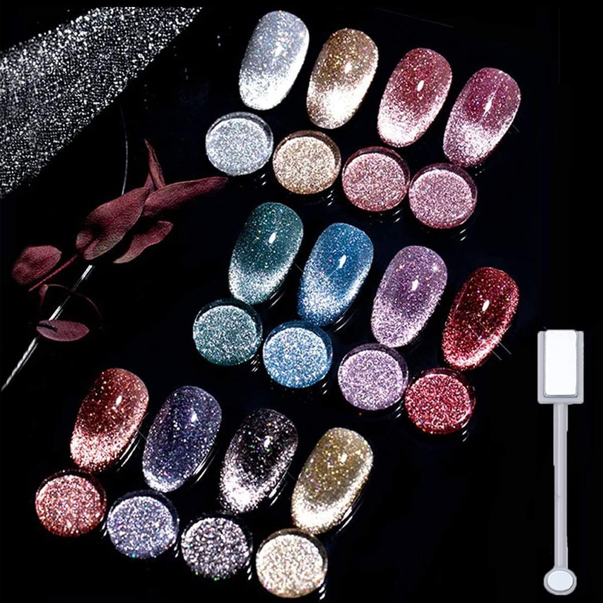 VERONNI Reflective Glitter Cat Eye Gel Nail Polish - Sparkling Diamond, Magnetic, UV LED Varnish - Soak off Gel Nail Art Set (12 Colors) with Magnet image number 3