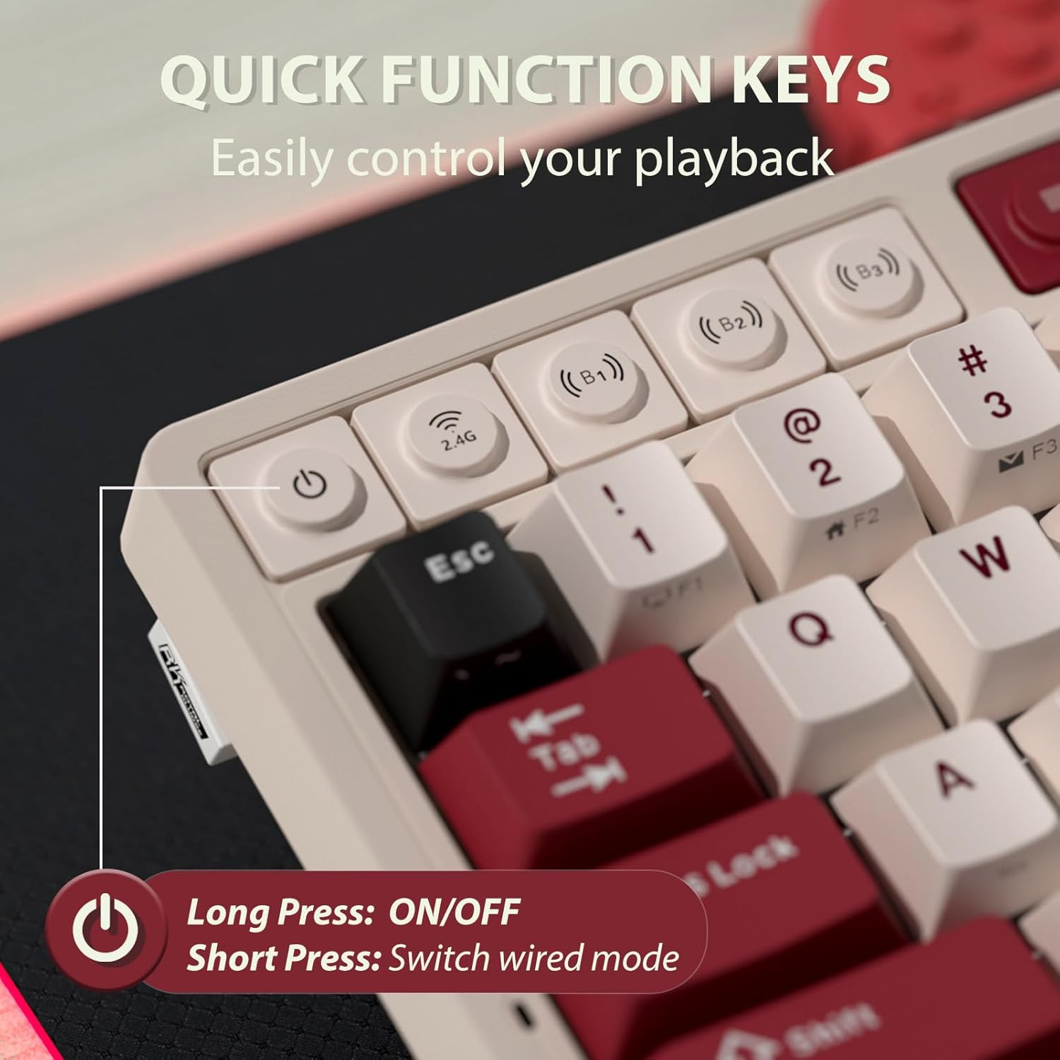 RK ROYAL KLUDGE M65 Wireless Mechanical Keyboard with Volume Knob, Tri-Mode 2.4G/USB-C/BT Gasket Mounted 60% Gaming Keyboard with 66Keys, PBT Keycaps, QMK/VIA, Hot Swappable Beige Switch, Red - Red image number 3