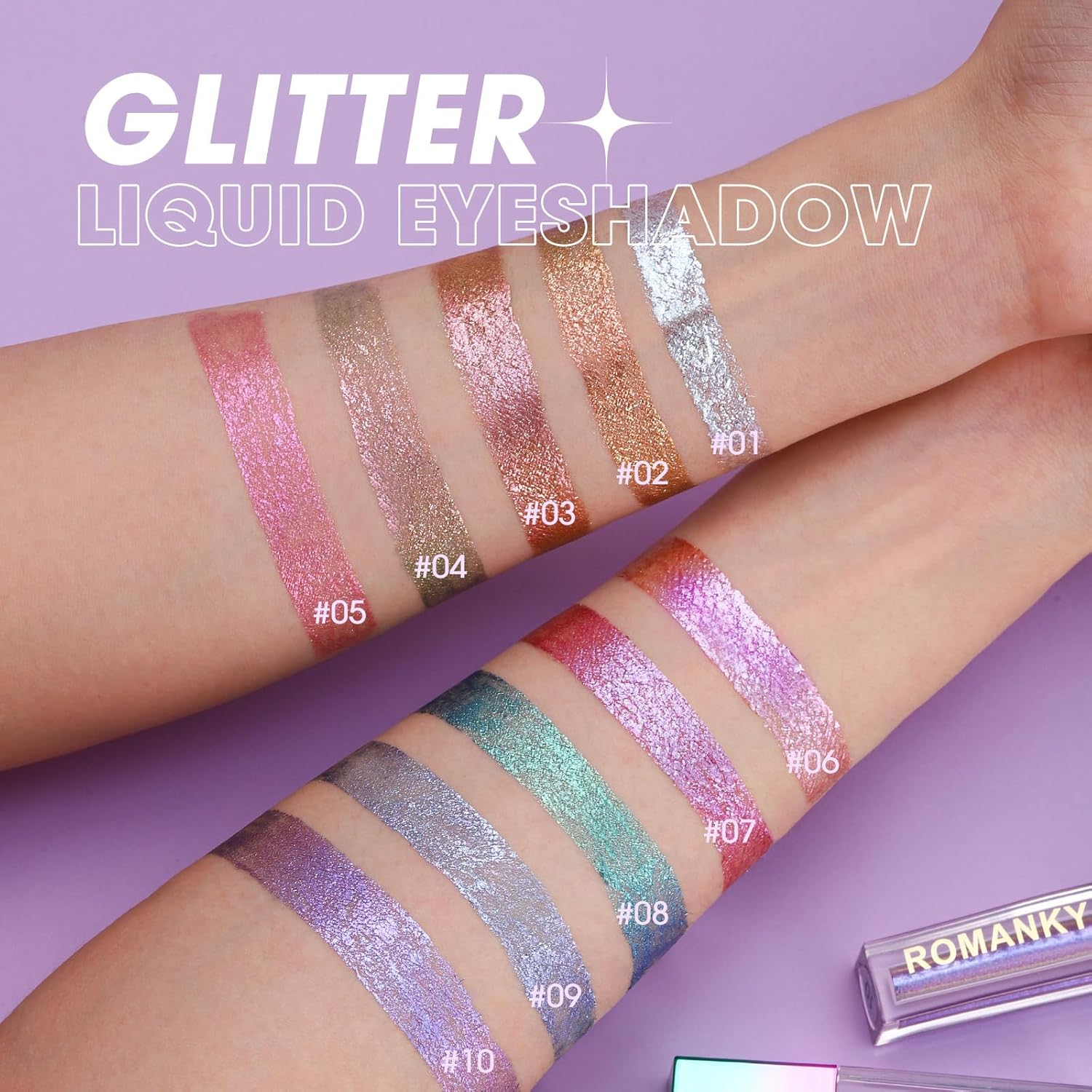 10 Pcs Liquid Glitter Eyeshadow, Metallic Shimmer Glitter Eyeshadow Sweatproof Makeup Set, Brightening Liquid Highlight, Diamond Glitter Liquid Eyeliner Pencil Face Body Glow Cosmetics for Girl image number 5