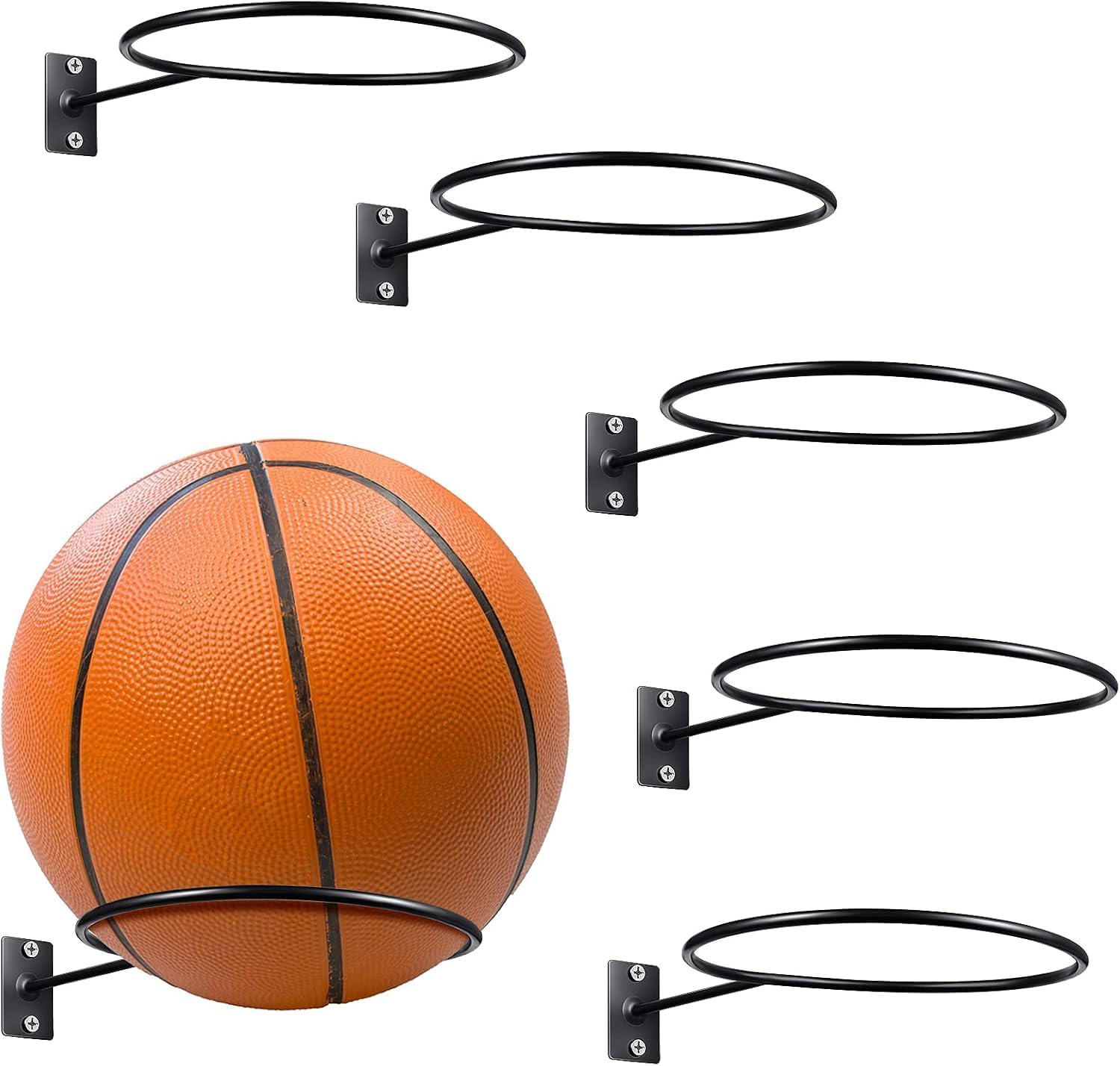 Ball Storage Rack, 5 Pack Metal Ball Holder Wall Mounted Ball Storage Universal Ball Rack Sports Ball Organizer for Basketball Football Volleyball Soccer Storage Display(Black)