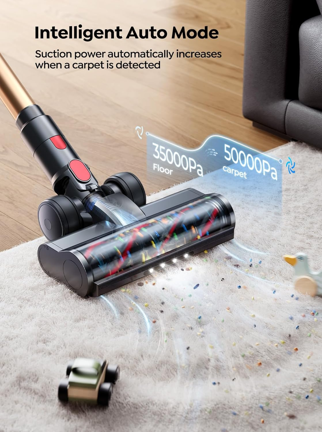SMOTURE 50KPA 600W Cordless Vacuum Cleaner, 65Mins Runtime, Self-Standing Stick Vacuum with Aroma Function, Auto Mode, Wall Mount Charging, Touchscreen, Anti-Tangle Vacuum for Pet Hair/Floor/Carpet image number 5