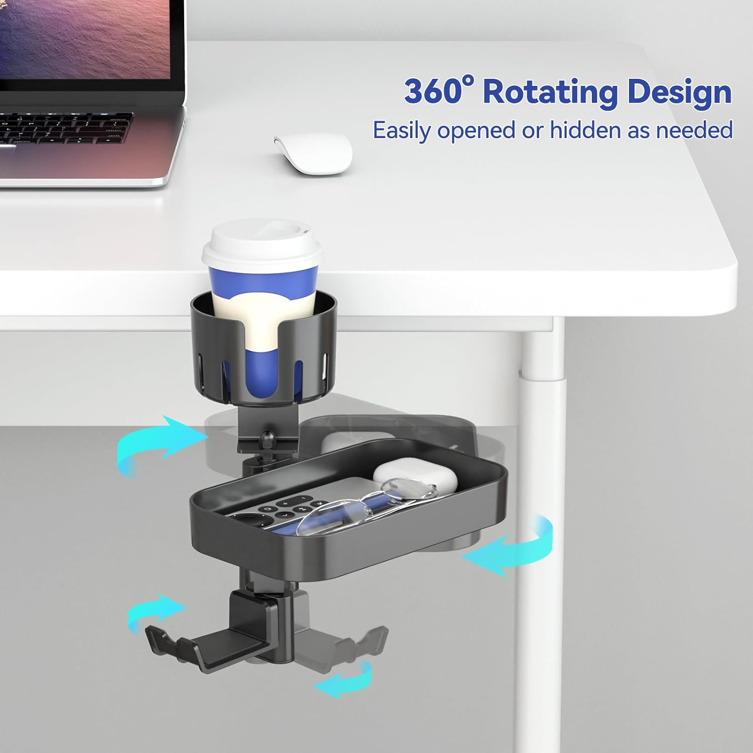 KDD Rotating under Desk Organizer with 2 Headphone Hook - Hidden Storage Drawer Tray with Cup Holder - No Drilling Sturdy Swivel C-Clamp Desktop Mount for Office School Home Game Room Accessories image number 4