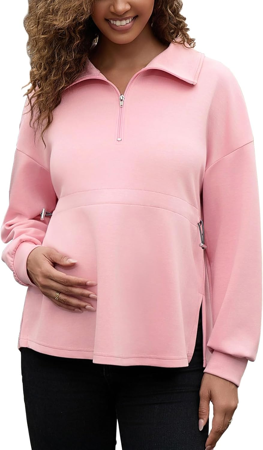 Bhome Women'S Maternity Sweatshirts Half Zip Drawstring Waist Long Sleeve Side Slits Loose Fit Pullover Tops