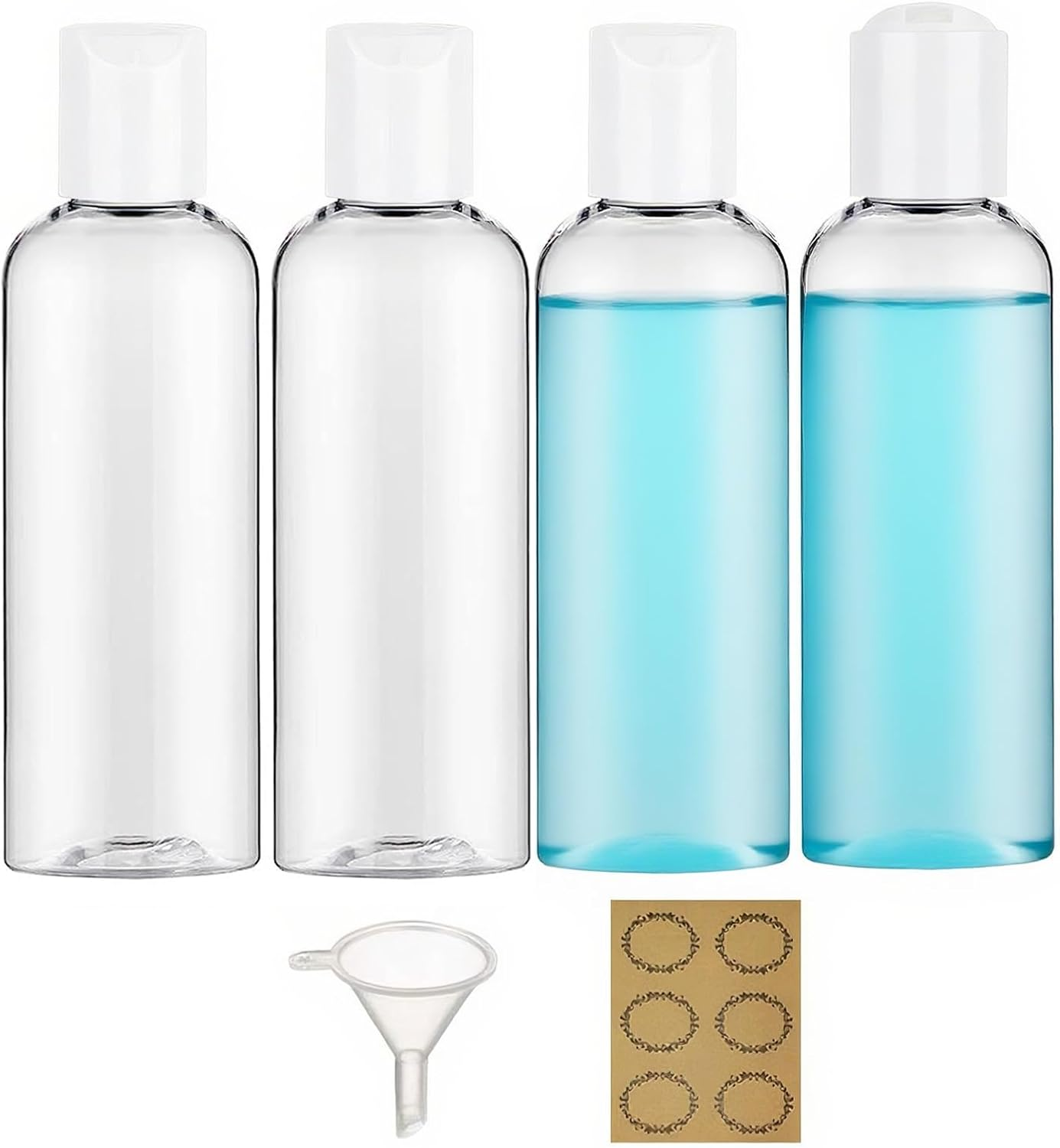 Apstaqeoo 4PCS 150ML Plastic Bottles with White Disc Top Flip Cap Empty Squeeze Bottles Clear Refillable Travel Container Dispenser with Funnel Label for Liquid Lotion Shampoo Toiletries Cosmetic