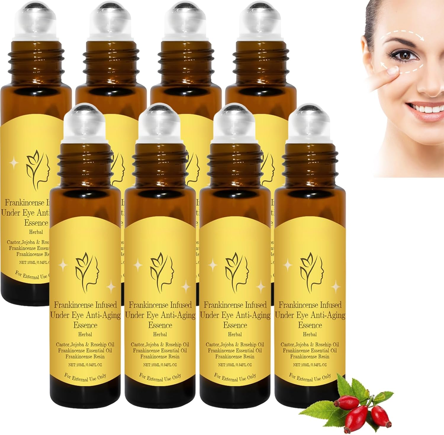 Frankincense Eye Roller Ball Essence Oil with Castor, Jojoba and Rosehip &ndash; under Eye Serum for Dark Circles, Puffiness, Wrinkles, Fine Lines &ndash; Anti-Aging Hydrating Eye Treatment Roller 10Ml (3Pcs)