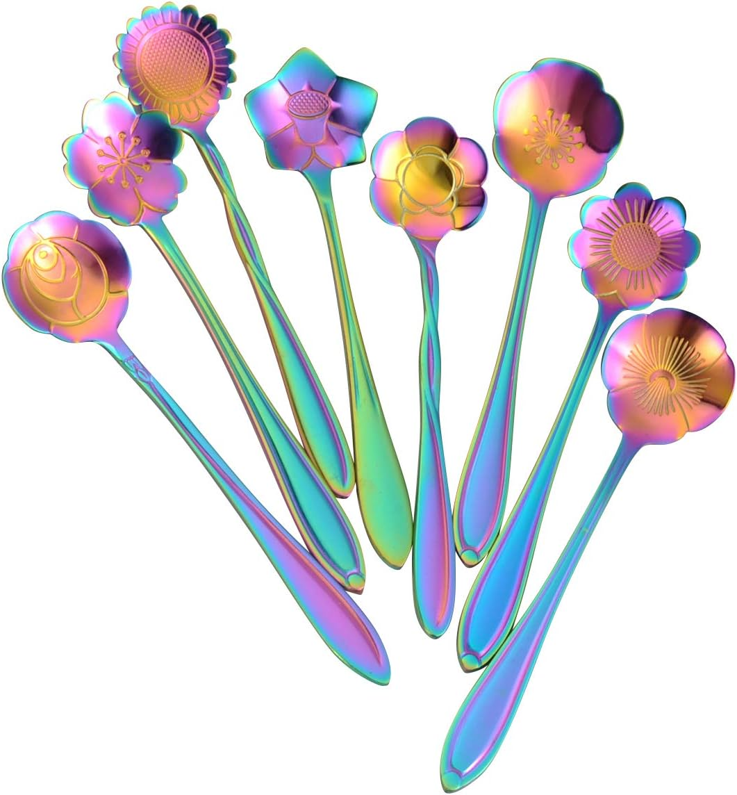Ansaw 8 Pcs Flower Spoon Set, Stainless Steel Reusable Tea Scoops for Stirring, Coffee, Mixing, Sugar, Dessert, Cake, Ice Cream - Tableware for Tea Parties (Length: 4.9 Inch, Gold)
