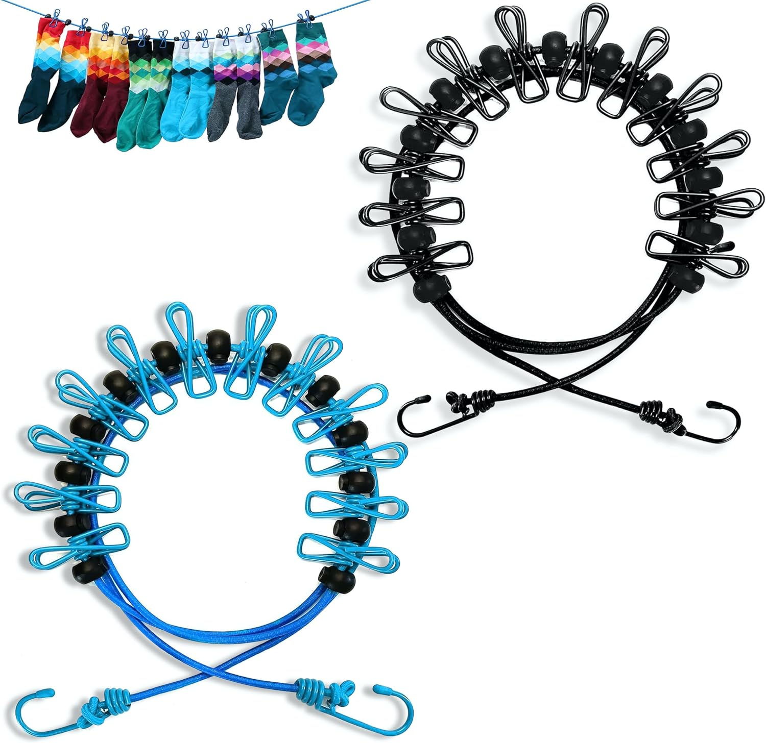 Portable Clothesline with 12 Clothespins, [2 Pack] Gvtech Windproof Travel Clothesline Stretchy Retractable Elastic Laundry Clothes Line for Backyard Vacation Hotel Balcony Clothes Drying (Black+Blue) image number 2