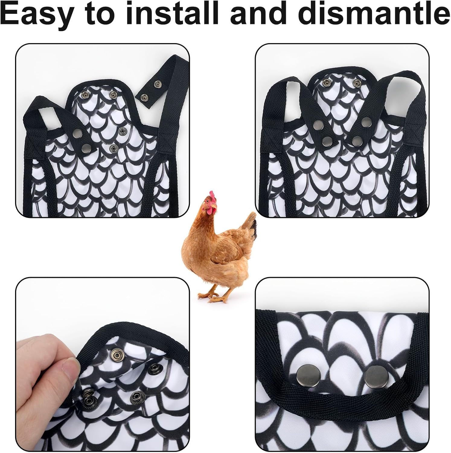 Chicken Saddle for Hens, 7.48 Inch Comfortable Hen Aprons with Adjustable Strap Chicken Back & Side Protector Outdoor Poultry Protective Accessories (Black and White) image number 6