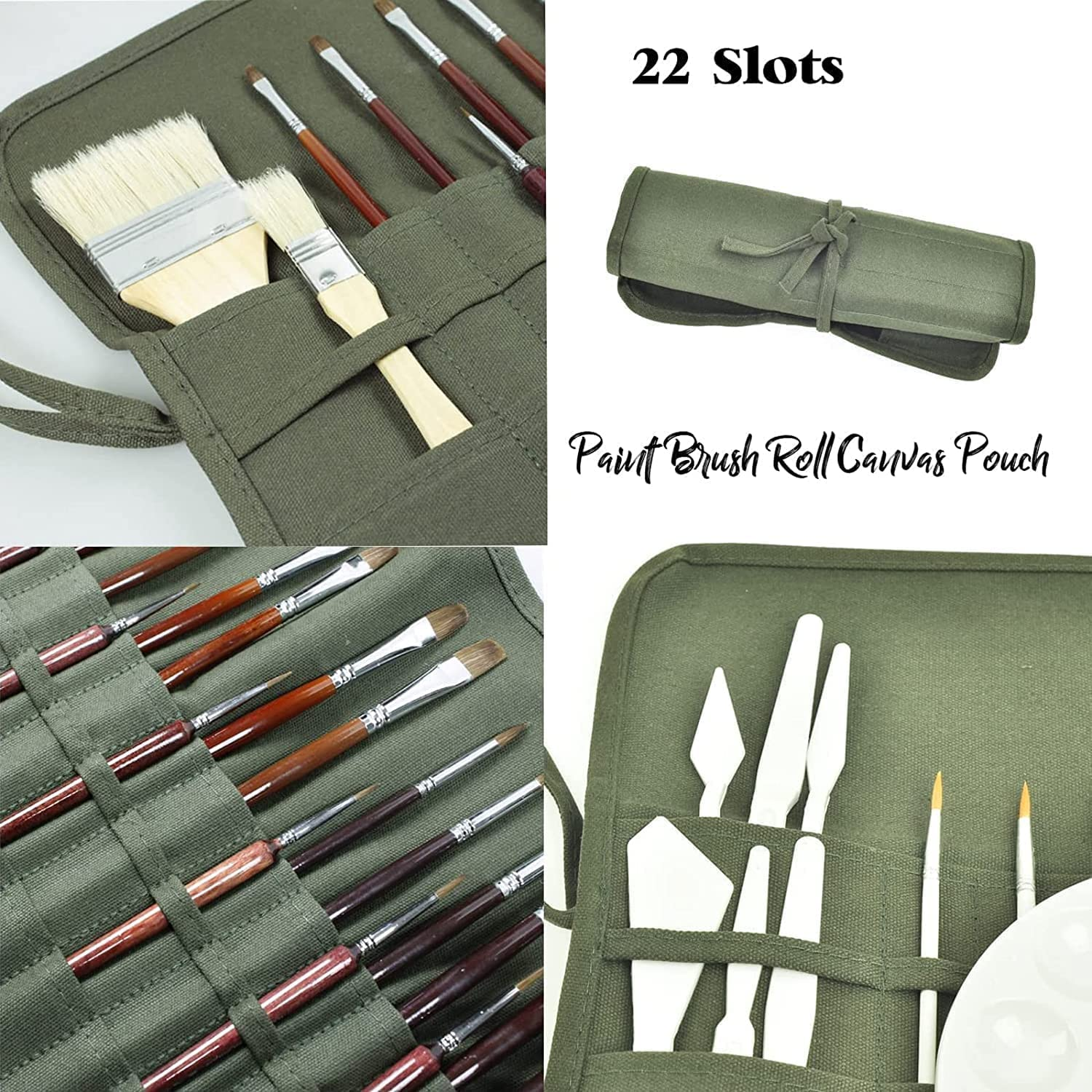 Paint Brush Roll Canvas Pouch, Army Green 22 Slots Holder, Artist Acrylic Oil Watercolour Case, Student Draw Pen Gouache Storage Bag image number 4