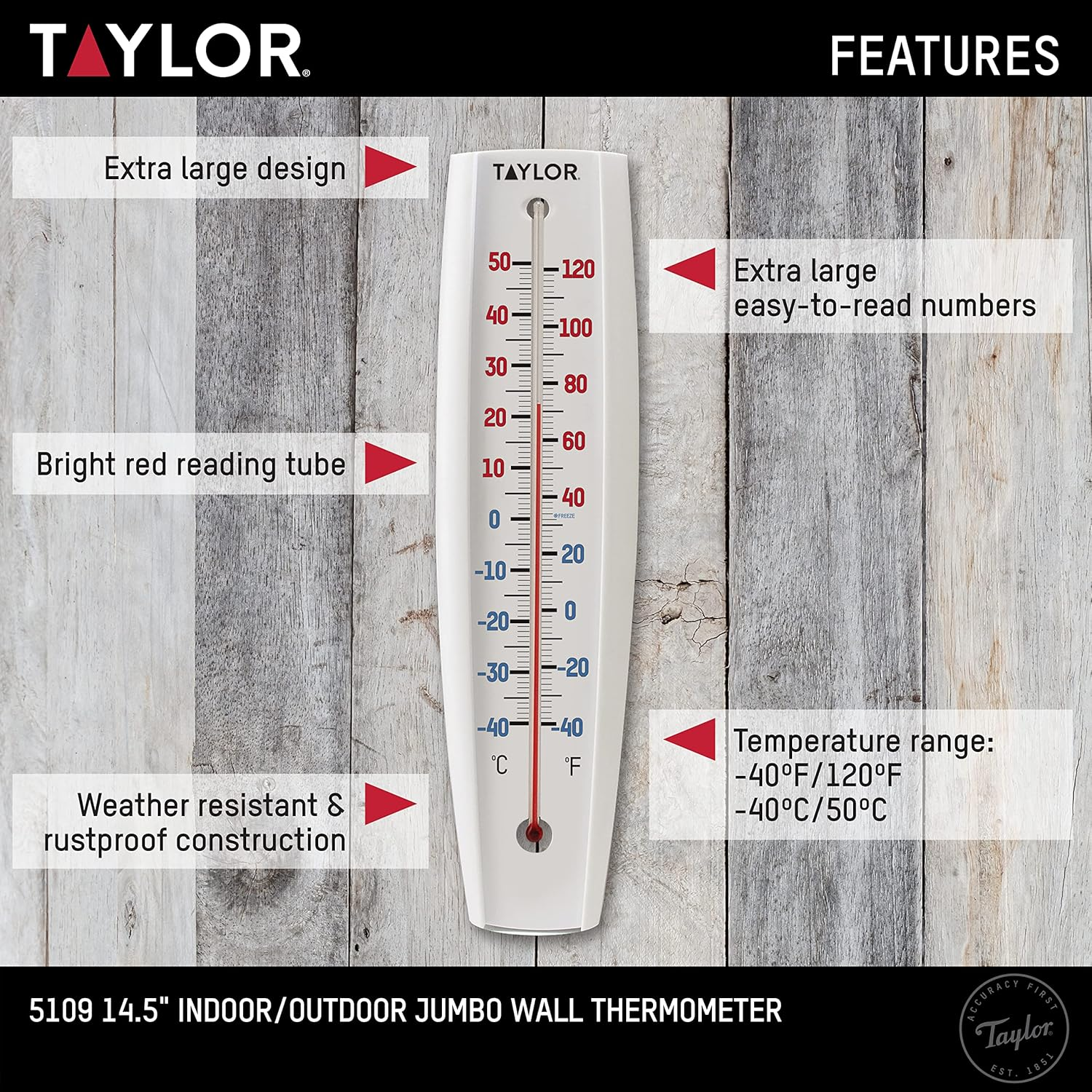 Taylor Indoor Outdoor Thermometer - Jumbo Number Wall Thermometer, Wireless Thermometer for Patio, Garden, or Nursery Area, 14.5-Inch, White image number 4