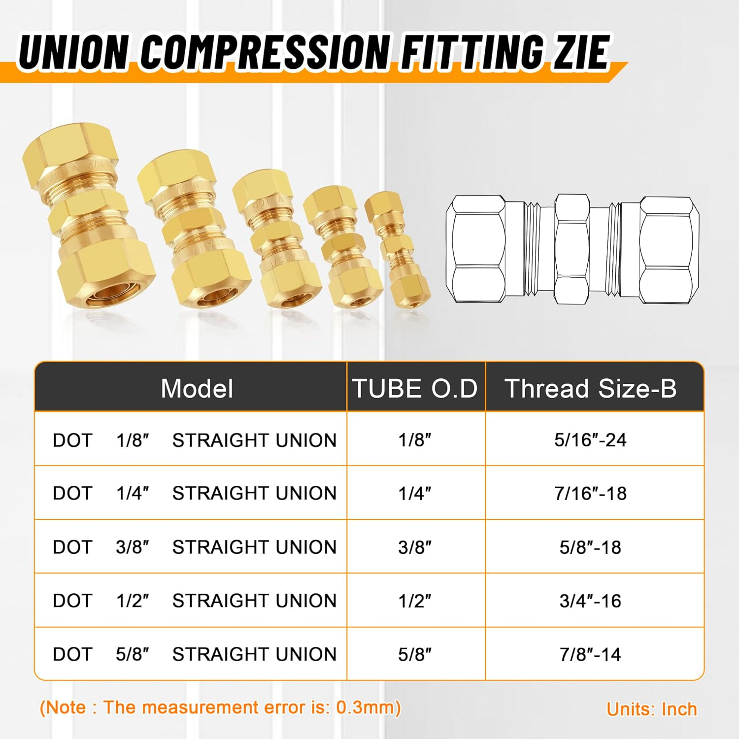 Ailbiuko 53 PCS DOT Brass Compression Air Brake Nylon Tubing Fittings,Straight Union Fitting Assortment Kit 1/4" 1/8" 3/8" 1/2" 5/8" for Truck or Industrial Air System image number 2
