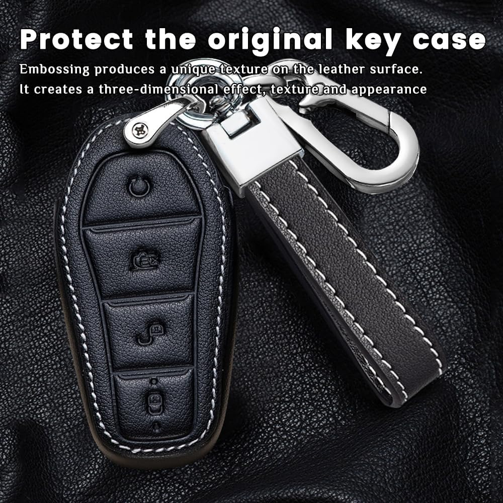 Ontto Leather Car Key Fob Cover Fit for BYD Atto 3 Dolphin Seal U-Dm-I Sealion 7 Sealion 6 Shark 6 Key Case Holder Shell Key Chain Keyring Protector Car Styling Accessories Black 1