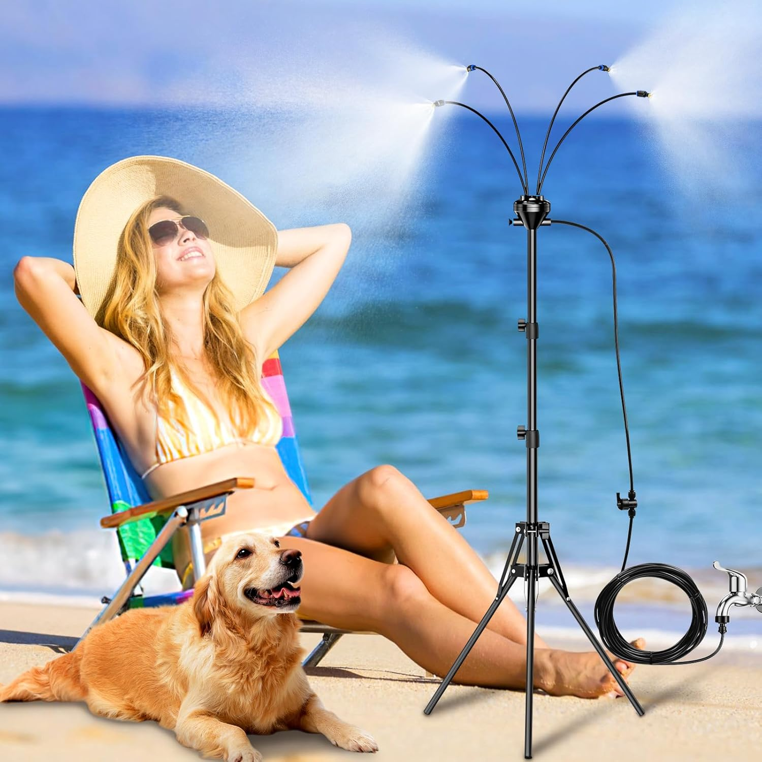 Upgrade Standing Misters for outside Patio - Portable Misting System for Cooling Outdoor 65 Inch Height Water Mister W 26.5Ft Stand Misting Line for Garden Yard BBQ Pool Water Playing Sprinklers