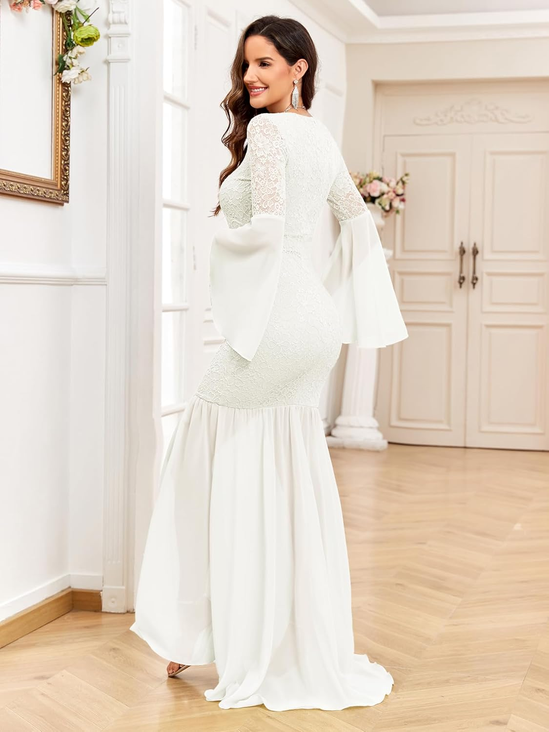 Maternity Dress Baby Shower Long Bell Sleeve Floral Lace Contrast Chiffon V-Neck Mermaid Pregnancy Photoshoot Gown image number 3