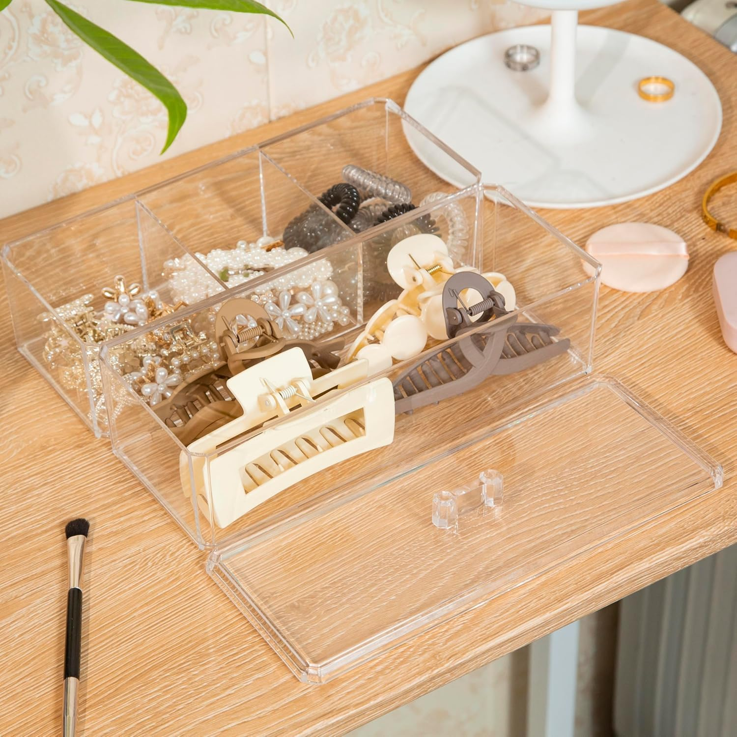 Clear Acrylic Hair Accessories Organizer for Girls - Hair Tie, Headband, Bows & Clip Holder with Lid, No Compartments Storage with Lid