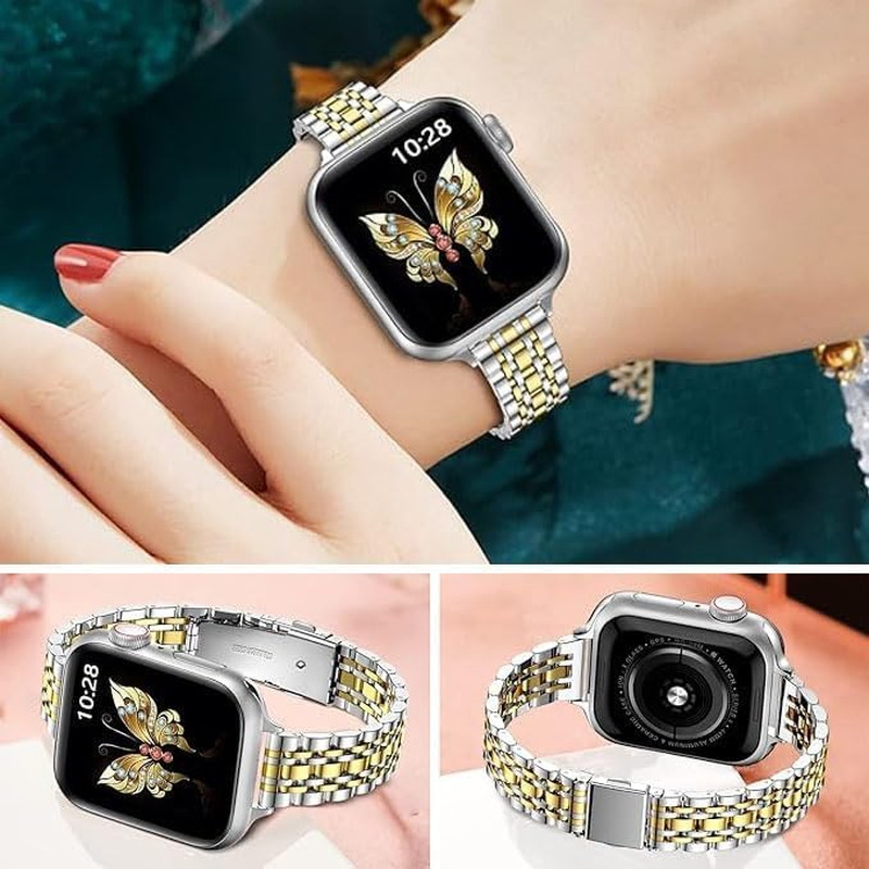 Maktech Stainless Steel Wristband,Women Slim Seven-Pieces Links 14Mm Metal Bracelet Band for Apple Watch Series 11/10/9/8/7,SE 3/2/1 [2025] (42Mm/41/40Mm,Silver/Gold) image number 2