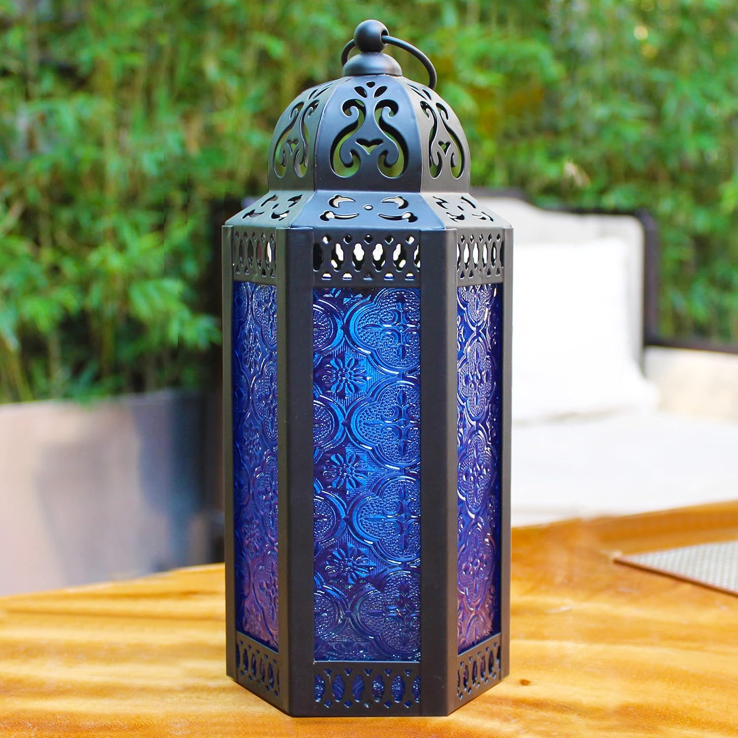 CVHOMEDECO. Decorative Candle Lantern Moroccan Lanterns Vintage Black Metal Lantern Holder for Home Patio Outdoor Decor. Cobalt Glass, Medium image number 3