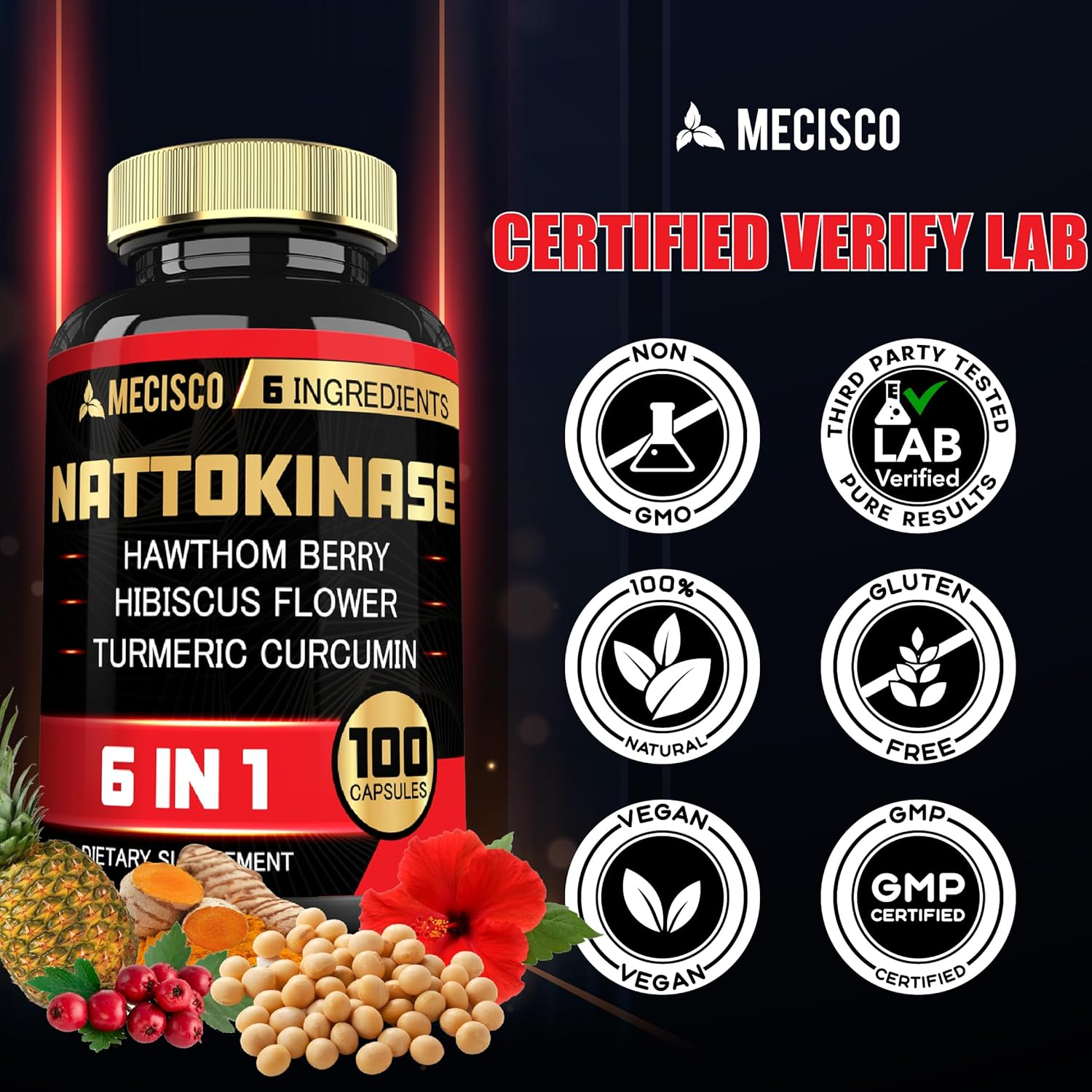 6In1 Nattokinase 2000 Fu Capsules with Hawthorn Berry, Hibiscus Flower & More - 100 Capsules - Nattokinase Supplement Supports Digestion, Heart Health & Immune System image number 4