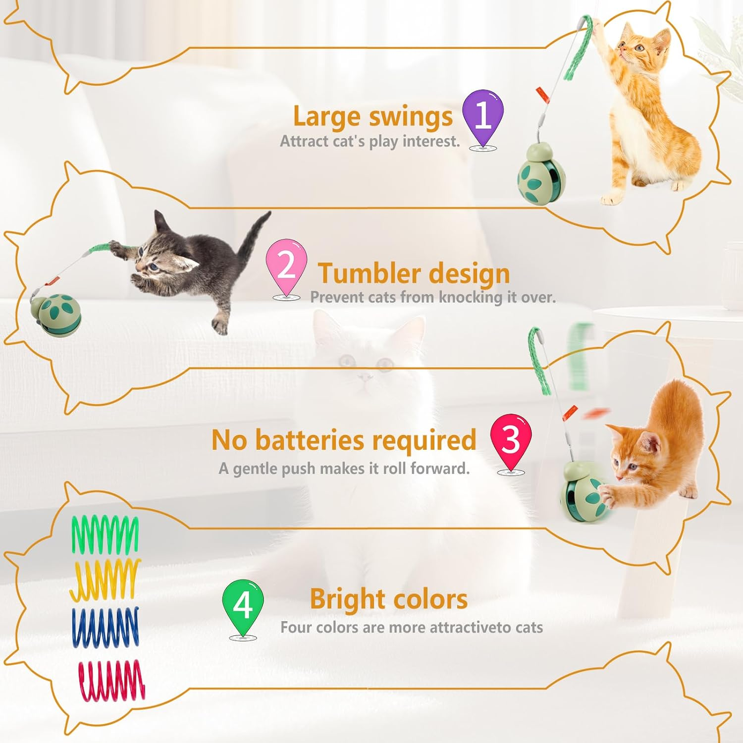 Bigqin Interactive Cat Toy for Indoor Cats, Tumbler Kitten Toys with Cat Wand and 4 Pack Spiral Springs, Attractive Cat Treat Dispenser, Cat Presents for Exercise/Boredom Relief image number 2