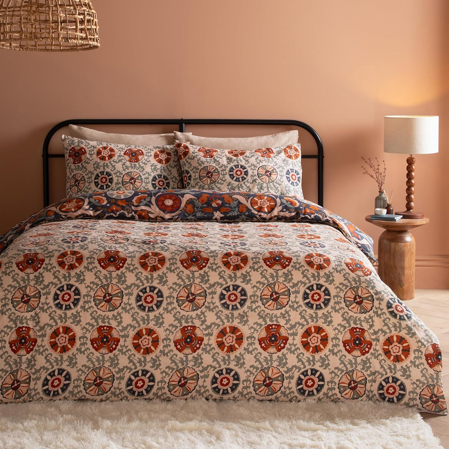 Furn. Kinfolk Duvet Cover Set &ndash; Reversible Suzani-Inspired Floral Geometric Tile Bedding Set (Denim Blue - Double) image number 3