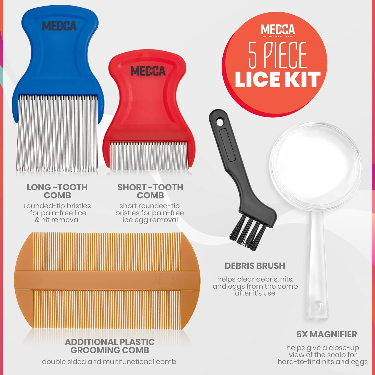 Premium 5 Piece Lice Kit - Nit Removal Fine Tooth Comb and Magnifier Full Treatment Set - BS0765G Lice Comb Set