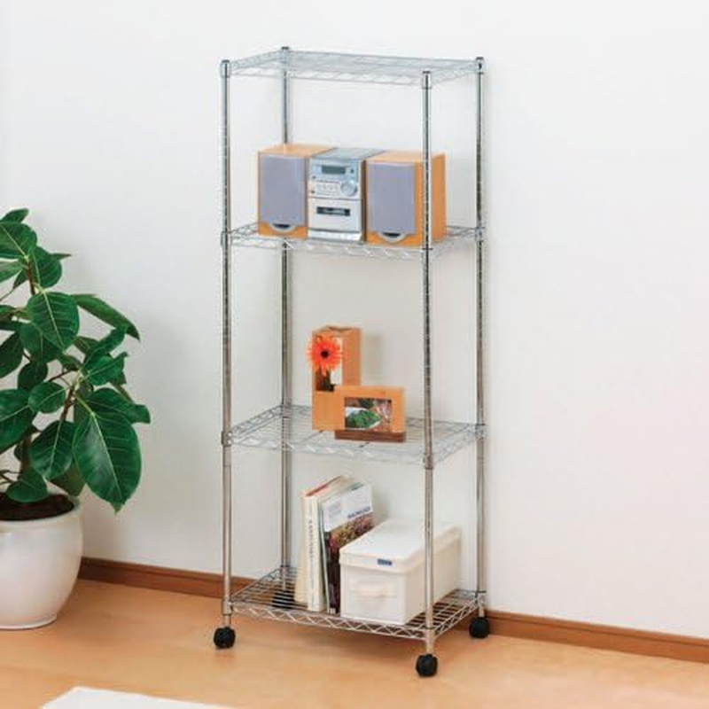 Iris Ohyama SEM-5515 Metal Rack, 4 Tiers, with Casters, Rust Resistant, Pole Diameter 0.7 Inches (19 Mm), Width 21.7 X Depth 13.8 X Height 58.7 Inches (55 X 35 X 149 Cm), Metal Shelf, Steel Rack, Rust Resistant, Silver