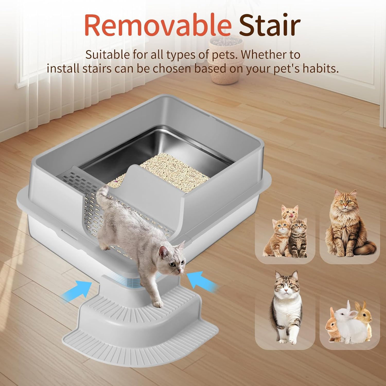 Bartuke XXXL Stainless Steel Litter Box, 70 X 50 X 30Cm Extra Large Semi Enclosed High Sided Metal Cat Litter Box with Filtered Grid, Step, Scoop, Non-Sticky, Non-Odor, Easy Cleaning (Light Gray) - Semi Enclosed-Black image number 4
