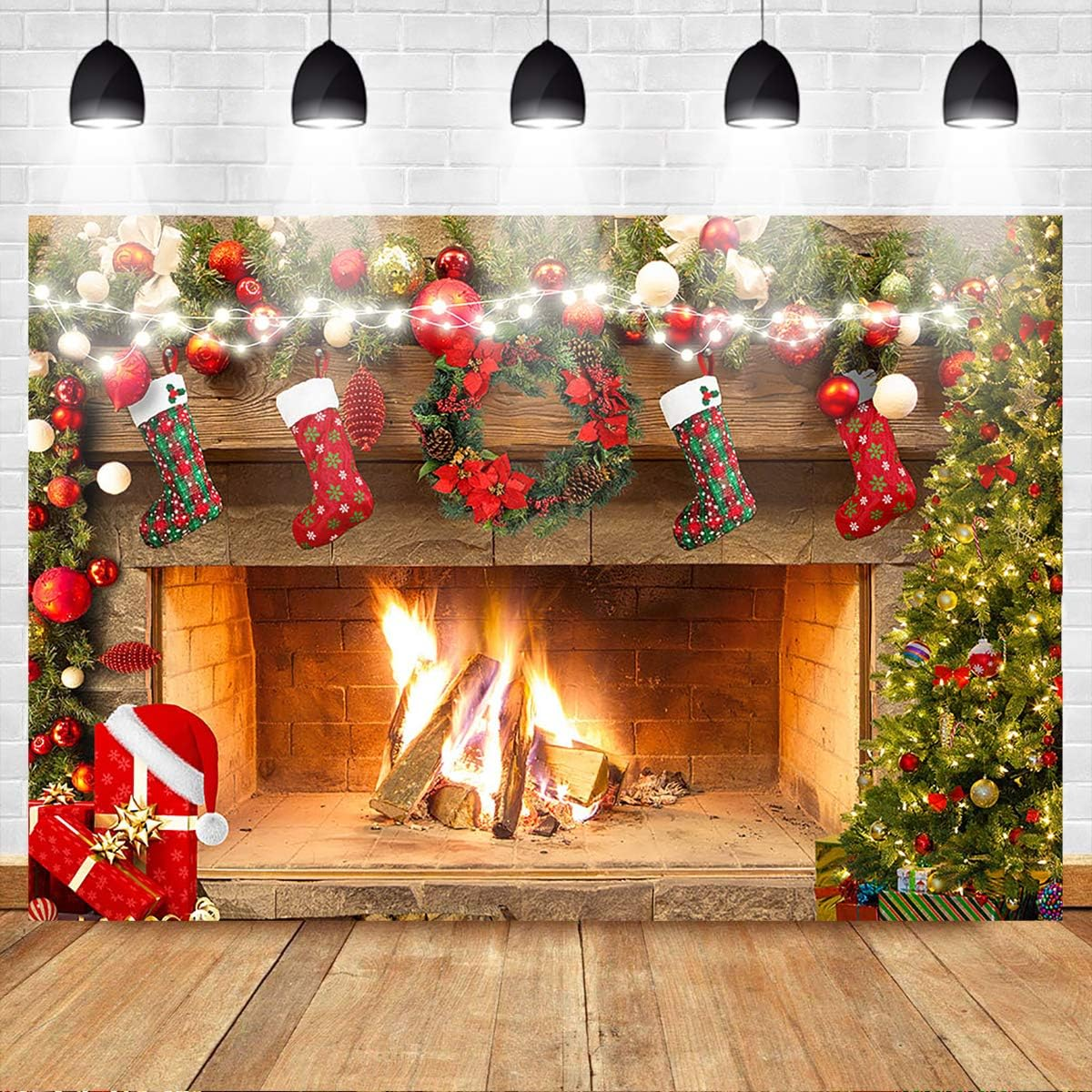 Mocsicka Christmas Fireplace Backdrop 7X5Ft Merry Christmas Fireplace Family Picture Party Decorations Photobooth Backdrops Xmas Socks Trees Burning Firewoods Photography Background image number 1